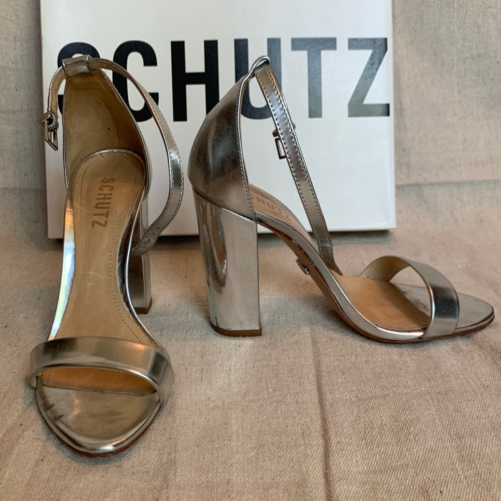 Schutz Metallic Block Heel Sandals